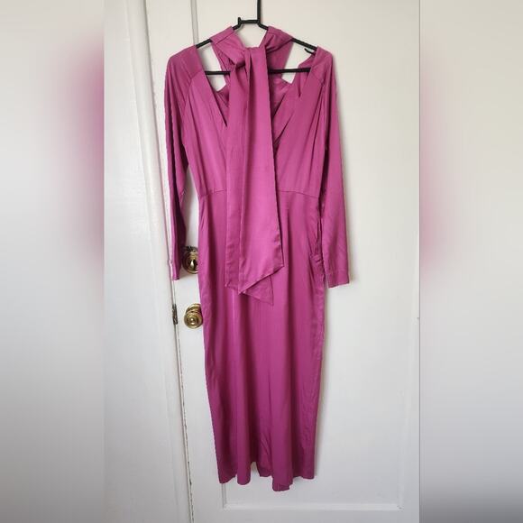 ASOS Satin Formal Pink Crisscross Halter long sleeve dress size 4 small - Picture 4 of 11